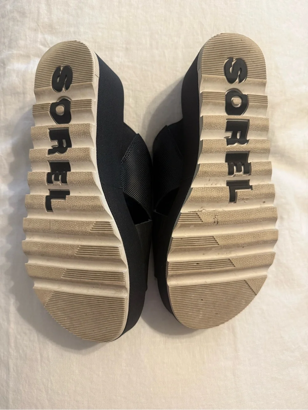 Sorel Black Cross-Band Wedge Slide Sandals